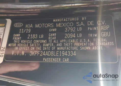 2020 Kia Forte Lxs z USA, uszkodzony, nr VIN 3KPF24AD8LE194334